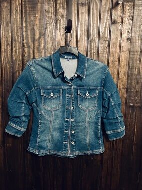 Democracy Distressed Medium Blue Denim Jacket with Button Front